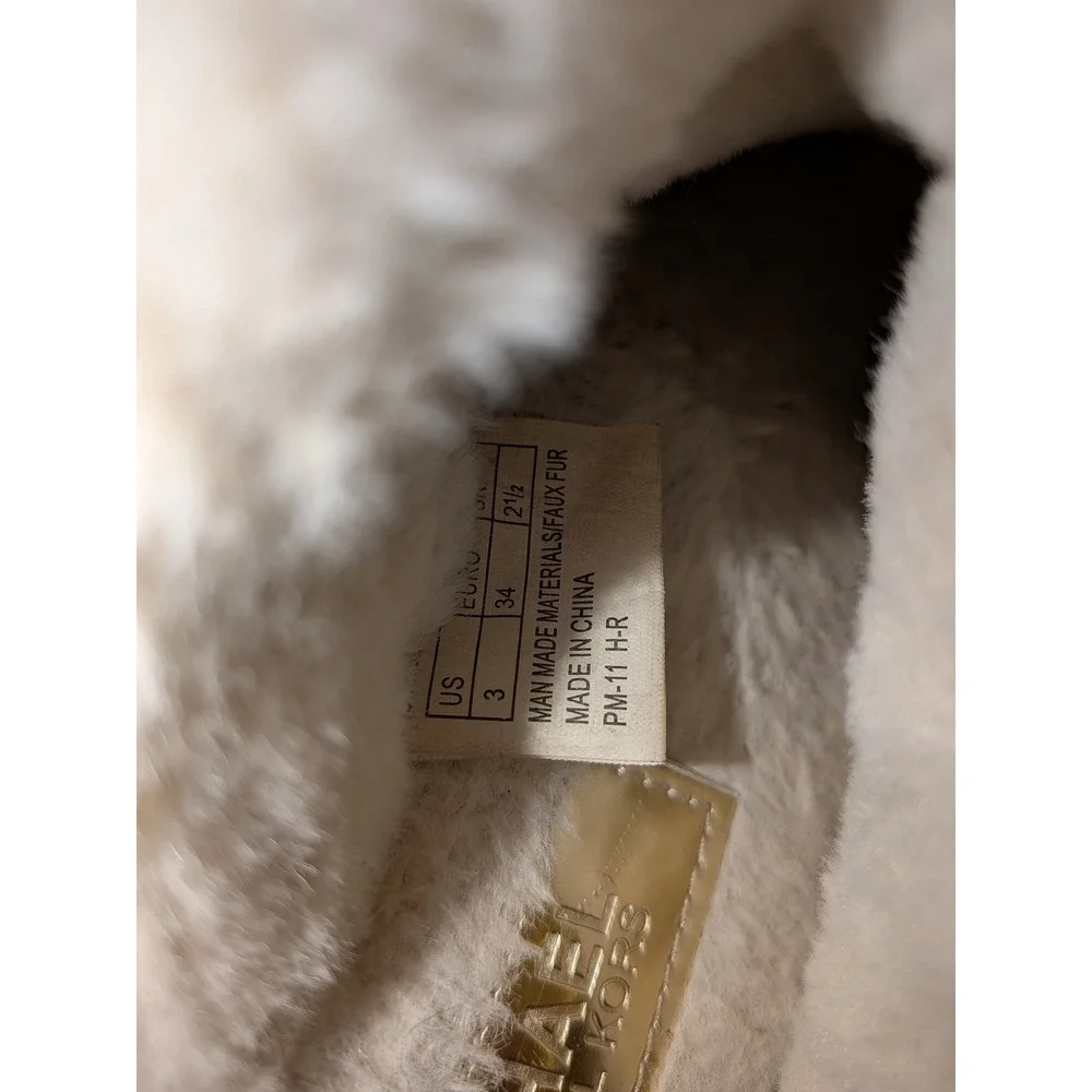Michael Kors Girls Gold Glitter Leopard Faux Fur Slippers Bow Heart Charm Size 3